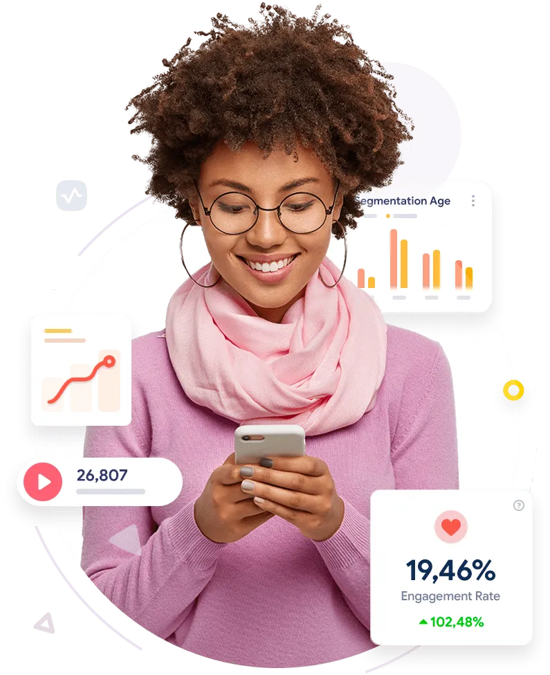 Marketer checking campaign statistics on her phone, surrounded by floating analytics cards
