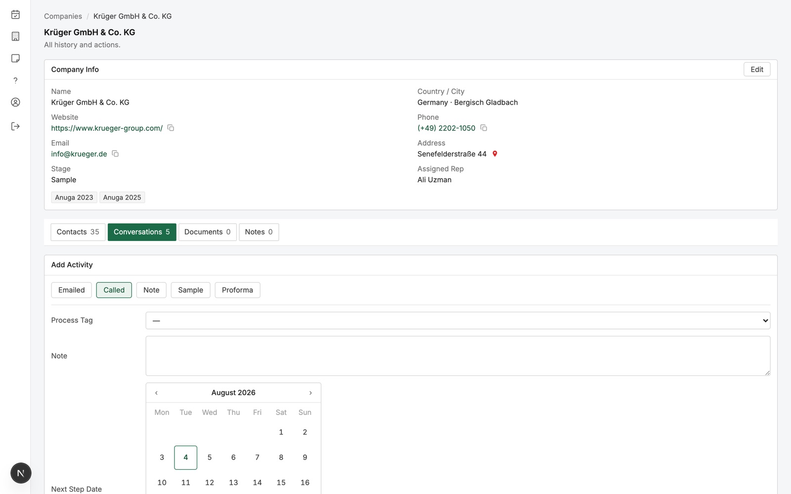 Activity logging form with type buttons, process tag and next-step date picker
