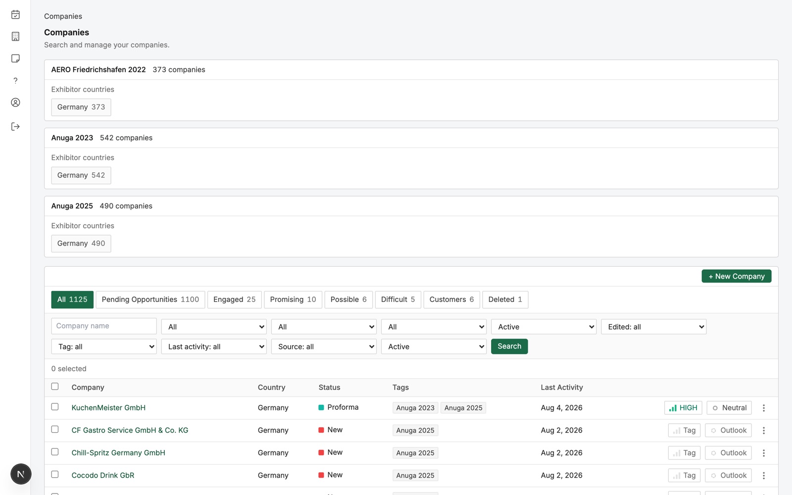 Company list with fair cards, country filters, status and potential tags
